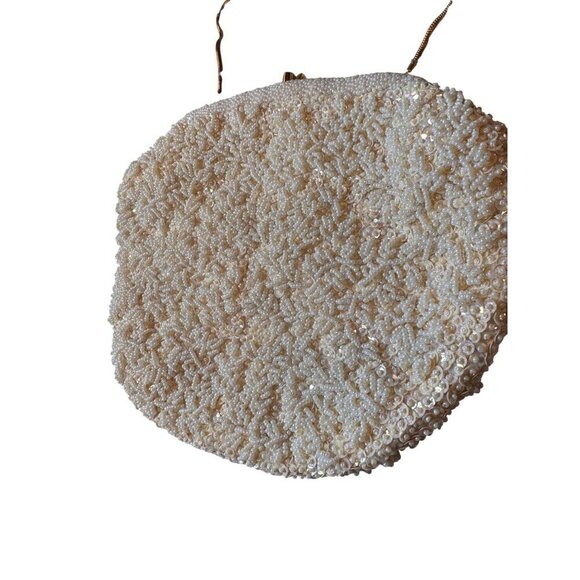 Shimmer Beaded Ivory Purse With Gold Chain Handle & Satin Lining - Picture 3 of 10